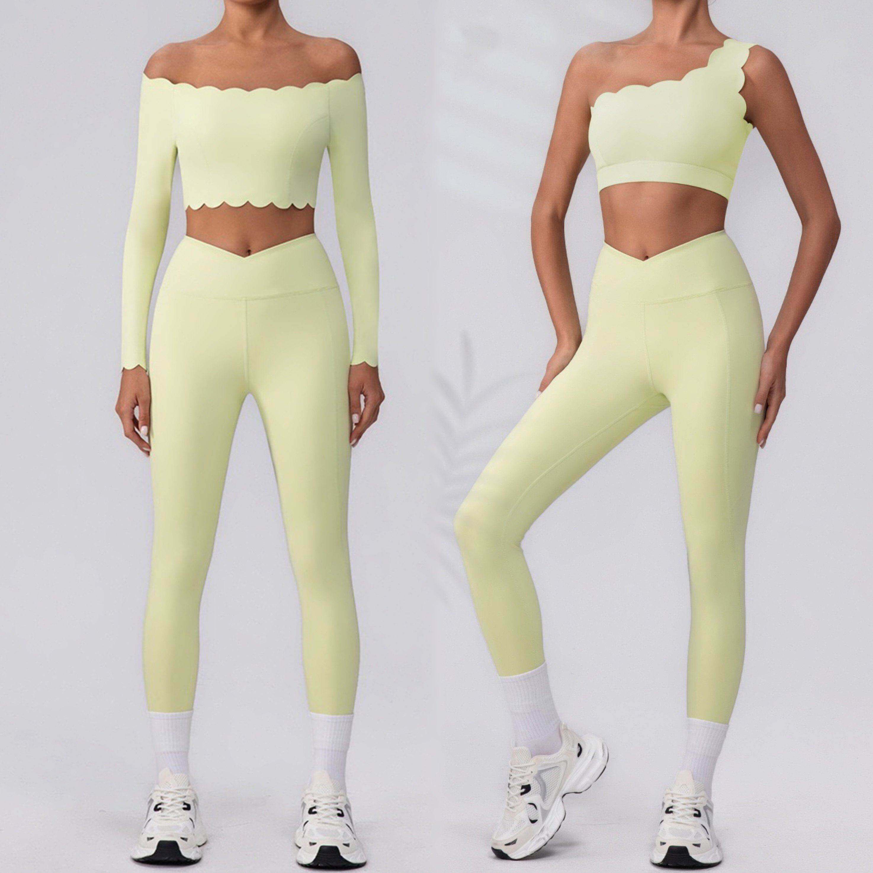 Yoga Fitness Set - フィットネスウェアセット ウェーブエッジ ワンショルダー 長袖 ピーチロングパンツ ヨガセット