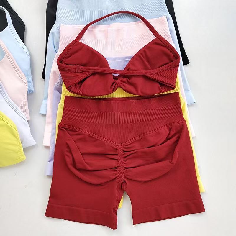 Yoga Fitness Set - HISTELLO スポーツセットピース女性ストラップ付きジムヨガブラトレーニングスクランチショーツフィットネススポーツスーツ服シームレスヨガセット