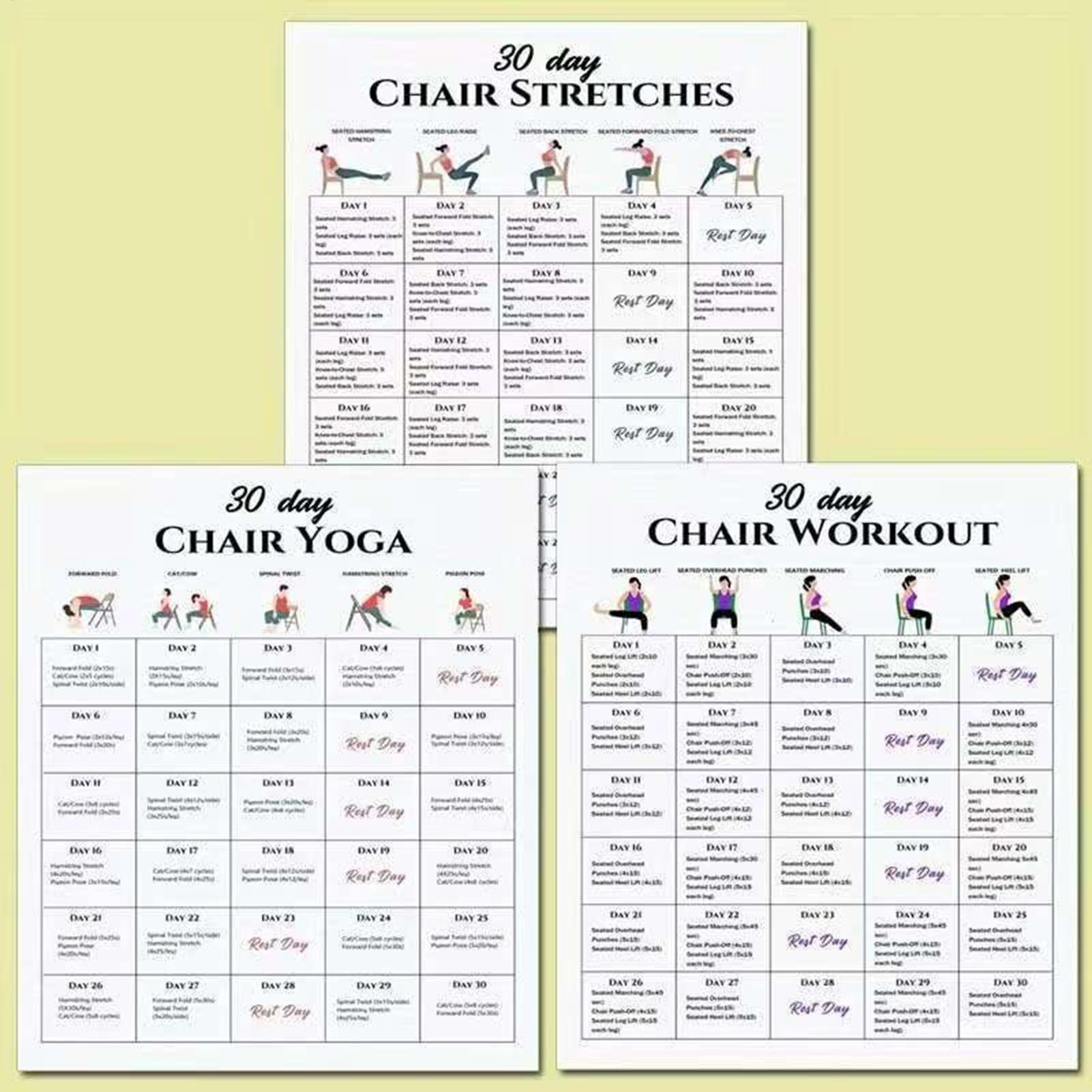 Yoga Fitness Wallpaper - 6枚のフィットネスポスター 30日間の椅子エクササイズプランポスター 高齢者向け ヨガ座位姿勢エクササイズチャート 朝のスポーツ用