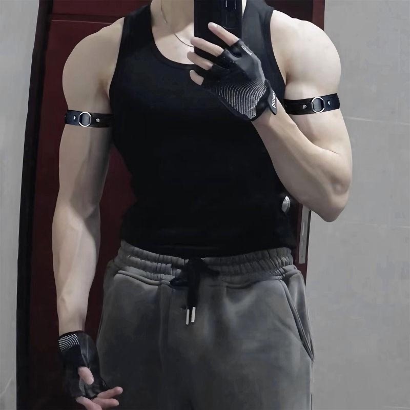 Gymnastics Rings - 男性用レザーアームバンド、メタルリング付き上腕カフ、リストバンドカラー、パンクレザーストラップジュエリーアクセサリー
