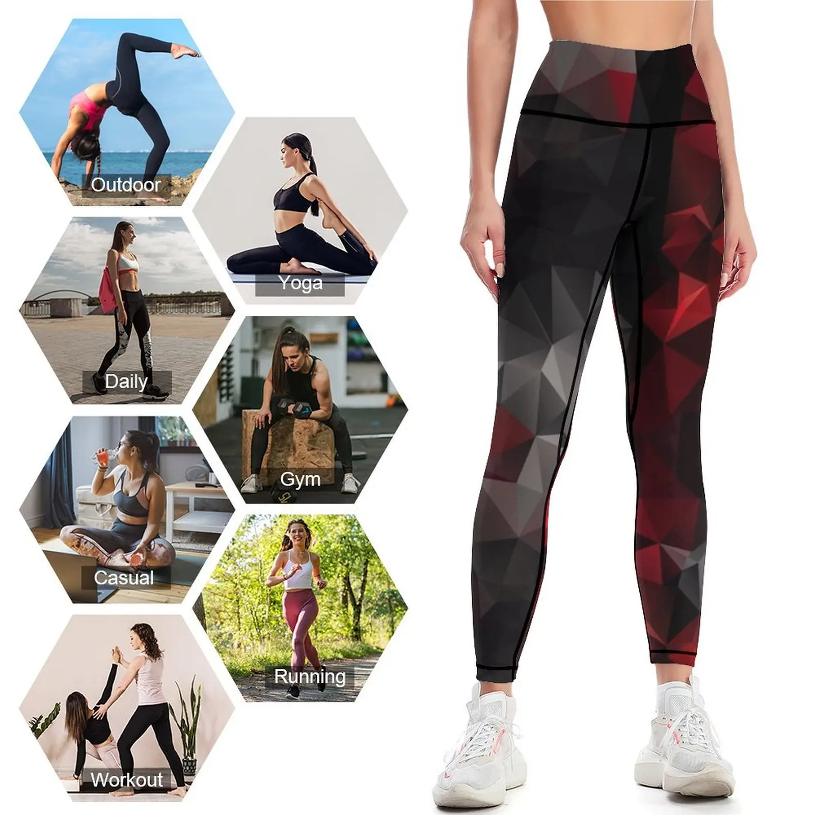 黒と赤の三角形ポリゴンの壁紙の抽象的な背景 1 レギンス 女 - Yoga Fitness Wallpaper のレビューと価格